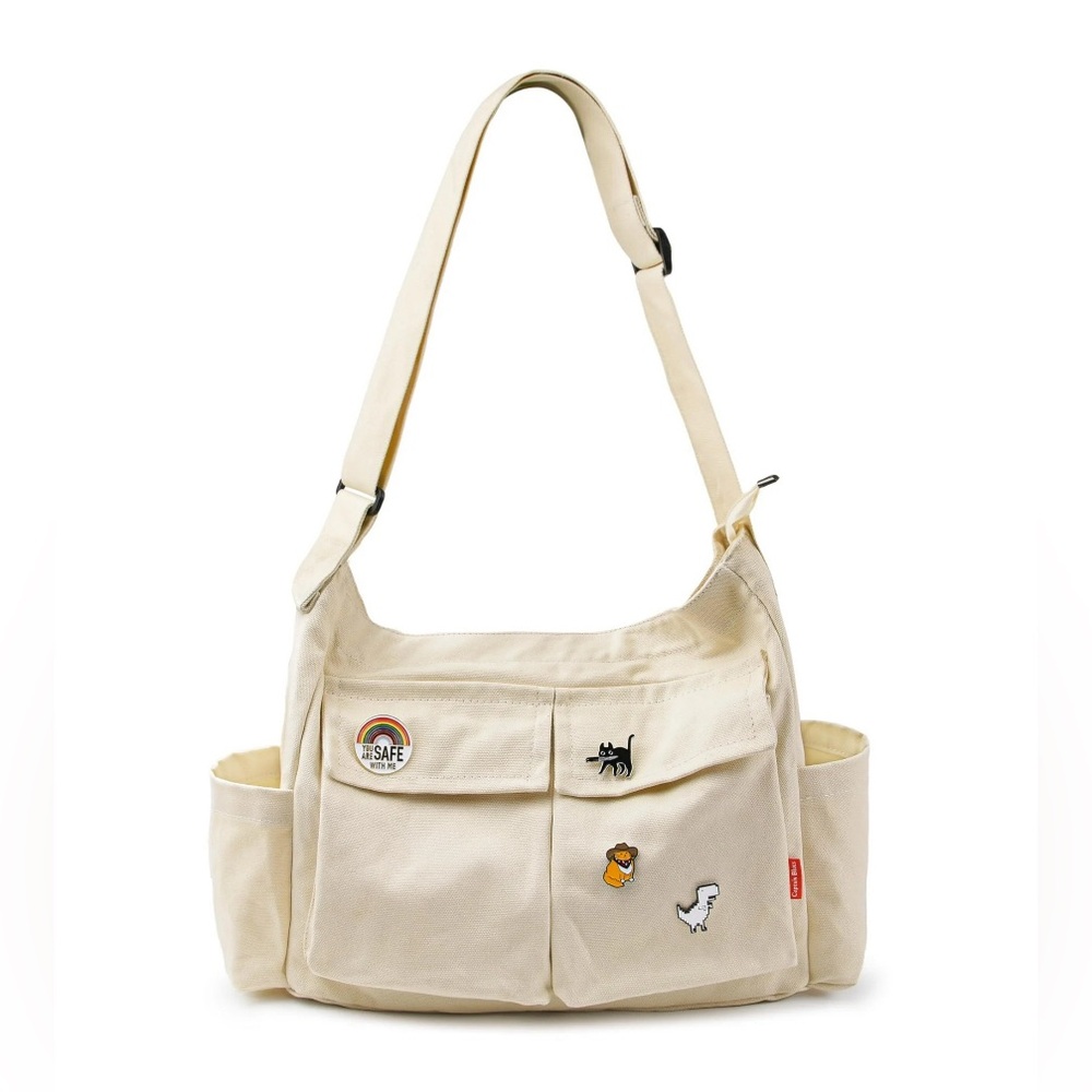 Stylish Cream Shoulder Bag with Fun Pins New